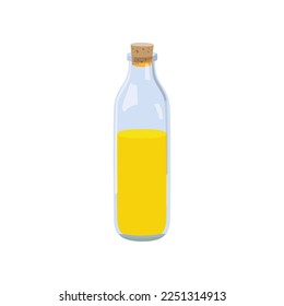 Olive oil in glass bottle on white background. Olive product cartoon illustration. Organic food, home pantry concept