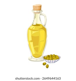 Garrafa de vidro de azeite e uma tigela de porcelana de pequena ilustração vetor de azeitonas verdes. Composição de cozinha mediterrânea desenhada à mão para culinária, embalagem, marca, design de menu, adesivos