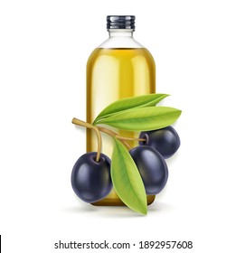 Olive Oil glass bottle. Realistic black olives branch leaves. Extra virgin olive oil mockup design, natural organic cosmetics, healthcare product isolated on white background. Vector illustration.