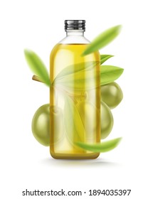 Olive Oil glass bottle. Realistic green olives branch leaves. Extra virgin olive oil mockup design, natural organic cosmetics, healthcare product isolated on white background. Vector illustration.