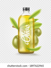 Olive Oil glass bottle. Realistic green olives leaves. Extra virgin olive oil mockup design, natural organic cosmetics, healthcare product isolated on transparent grid background. Vector illustration.