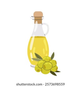 Olive oil in glass bottle. Ripe green olives. Ingredient for cooking. Greek cuisine. Culinary Flat illustration on white background.