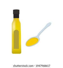Olive oil glass bottle with Spoon of olive oil. Vector illustration on white background.