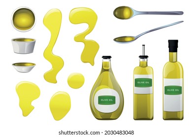 Olive oil glass bottle, stain, spoon and bowl set in cartoon style.