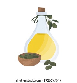 Olive oil in a glass bottle. Olive tree branch. Olives in a wooden cup. Vector stock illustration isolated on white background. Vegetarian food. Antidepressant product. Vitamins of group B, A, E, C