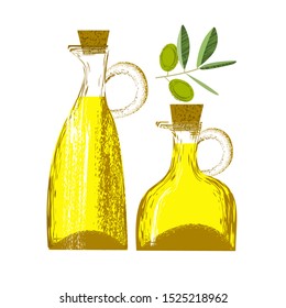 Olive oil in a glass bottle. Vector illustration with unique vector hand drawn texture. Olive sprig.