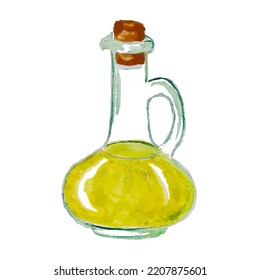 Olive oil in glass bottle vector illustration. Natural fresh organic yellow vegetable oil realistic watercolor image. Glass jar with pure olive product inside close up element.