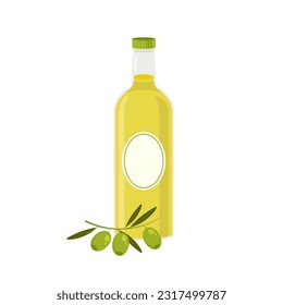 Olive oil glass bottle. Vector bottles with green olives. Design element for menu, label, packaging isolated on white backgound.