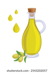 Olive oil in glass bottle-branch of olives with green leaves and drop isolated on white- stock illustration