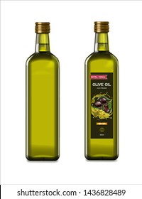 Olive oil glass bottles with olive oil splash. Vector realistic template design.