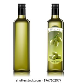 Olive oil glass bottles with olive oil splash. Vector 3D realistic template design.