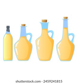 Olive oil glass bottles.Olive oil bottle.Vegetable oil assorted bottles.Sunflower,corn, soybean . Vector flat illustration.Isolated on white background.