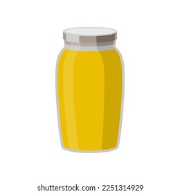 Olive oil in glass jar on white background. Olive product cartoon illustration. Organic food, home pantry concept