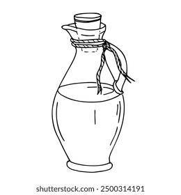 Olive Oil in glass Jug with cork and jute cord. Hand drawn Vector illustration, line art. Ink drawing for menu, product and italian, greek, spanish cuisine design