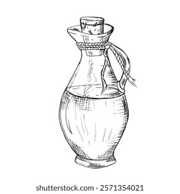 Olive Oil in glass Jug with cork and jute cord. Hand drawn black and white illustration, line art. Ink drawing for menu, product and italian, greek, spanish cuisine design