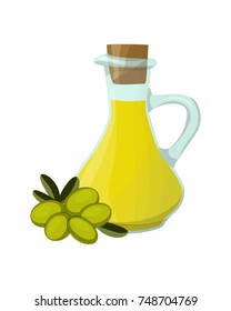 Olive oil in glass jug and green olive fruits, isolated on white background, vector illustration.