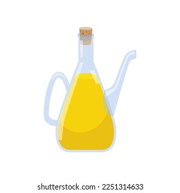 Olive oil in glass jug on white background. Olive product cartoon illustration. Organic food, home pantry concept