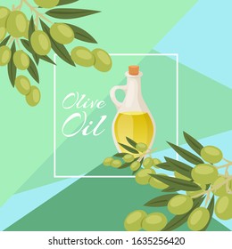 Olive oil glass pitcher with black and green olives,and white frame poster vector illustration. Organic olive oil for health from spain poster.