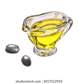 Aceite de oliva en una sartén de vidrio, dos ilustraciones vectoriales de aceitunas negras en forma de boceto. Aceite de oliva dorado amarillo en cristalería. Ingredientes saludables para la comida. Ilustración del estilo de dibujo de aceite vegetal.