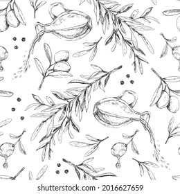 Olive oil graphic elements seamless pattern. Vintage hand-drawn illustrations on white background.