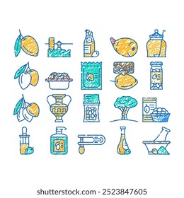 olive oil green branch leaf doodle icons set vector. sketch line art food tree, black greek plant, white mediterranean fruit virgin italy leaves organic olive oil green branch leaf color illustrations