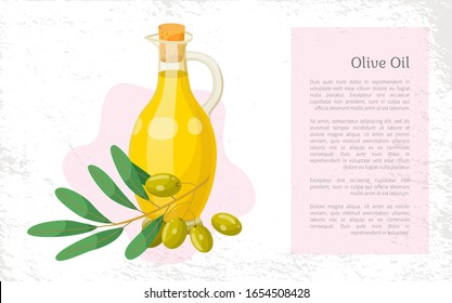 Olive oil, hair natural cosmetics, bottle and branch plant essence, vector banner. Organic skincare product, shampoo or hair mask ingredient. Oily substance for strong and silky hairs illustration