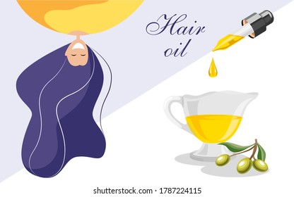 Olive Oil, Hair Natural Cosmetics, Vector Banner. Organic Skincare Product, Hair Mask Ingredient. Vector Illustration Of Strong And Silky Hair.