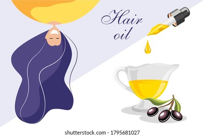 Olive oil, hair natural cosmetics, vector banner. Organic skincare product, hair mask ingredient. Vector illustration of strong and silky hair.