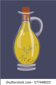 olive oil with herbs in a transparent bottle