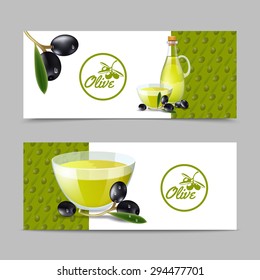 Olive oil horizontal banner set with tree branch and fruits isolated vector illustration