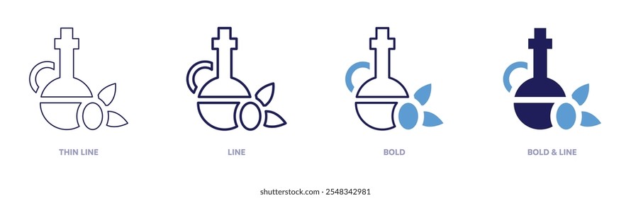 Olive oil icon in 4 different styles. Thin Line, Line, Bold, and Bold Line. Duotone style. Editable stroke.