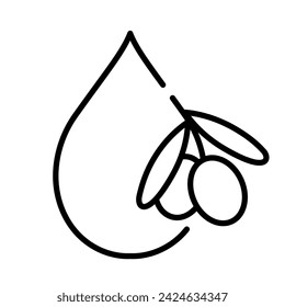 Olive oil icon. Oil drop and a olive branch. Line icon, editable strokes. Modern icon for packaging, web, design.