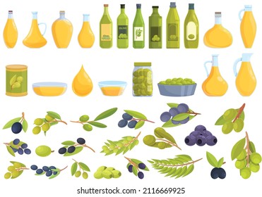 Olive oil icons set cartoon vector. Tree food. Virgin plant