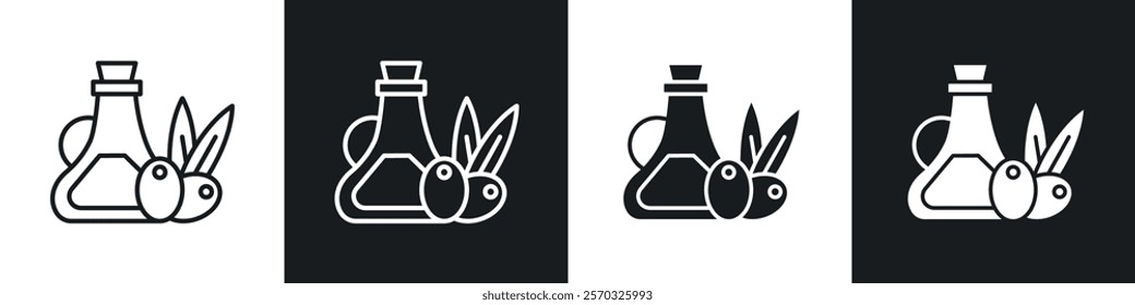Olive oil icons vectors set in black. line and flat versions