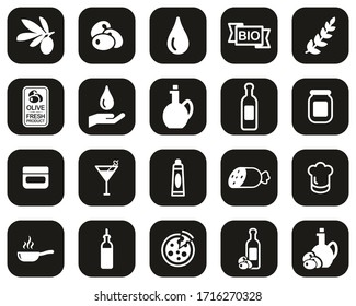 Olive & Olive Oil Icons White On Black Flat Design Set Big