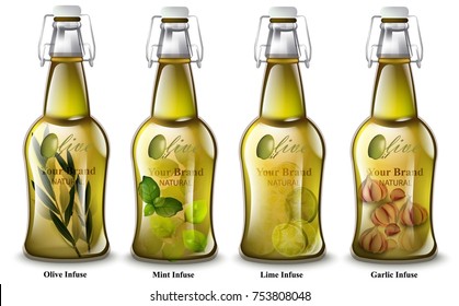 Olive oil infused Vector. Realistic bottles. Different mix flavours. Product packaging