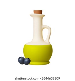Ícone 3d do pote de azeite. Decantador de óleo vegetal e azeitonas pretas. alimentos mediterrânicos frescos realistas isolados, tempo de colheita da agricultura, elemento vetorial