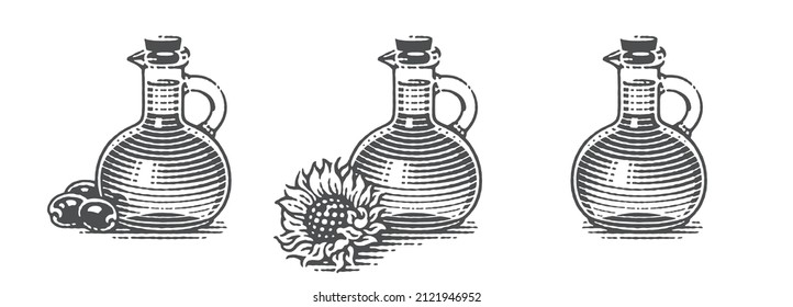 Olive oil jar, sunflower oil bottle with olives and sunflower and oil bottle. Hand drawn engraving style illustrations. Vector illustration.