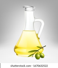 Olive oil jug and olives with leafs. Realistic vector illustration on grey background. Ready for your design. EPS10.