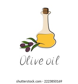 Olive oil in jug and sprig of olive. Flat isolated icon. Hand-written inscription. Vector illustration.
