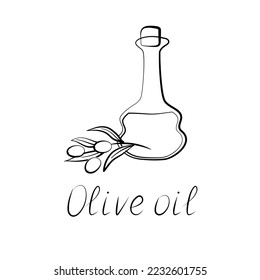 Olive oil in jug and sprig of olive. Flat isolated icon. Hand-written inscription. Vector illustration.