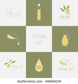 Olive oil label collection.  Vector graphic set with olive oil,  jug, bottle, drop.