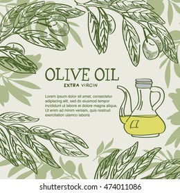 Olive oil label design with hand drawn leaves and oil bottle.