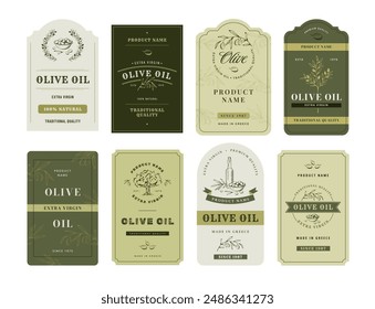 Olive oil label. Elegant hand drawn olive tree branches with leaves and olives decorated packaging designs isolated vector illustrations set.