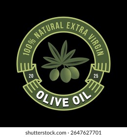 
Olive Oil label in engraving style. Olives with leaves inside a ribbon frame. Label for food or product design.