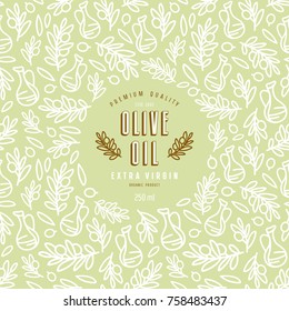 Olive oil label and frame with pattern. Design elements in thin line style. Print on green background