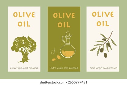 Olive oil label. Hand drawn olive tree branche with leaves and olives, olive tree, bottle with olive oil . Organic or artisanal product labels, branding, food packaging