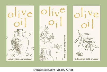 Olive oil label. Hand drawn olive tree branches with leaves and olives. Organic or artisanal product labels, branding, food packaging