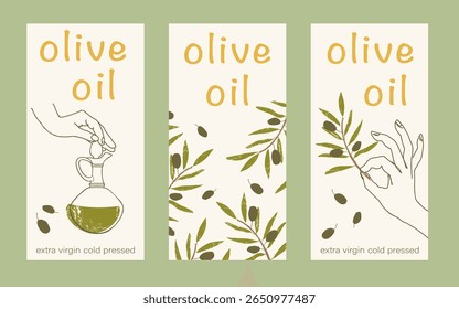 Olive oil label. Hand drawn hand with olive tree branche with leaves and olives, bottle with olive oil . Organic or artisanal product labels, branding, food packaging