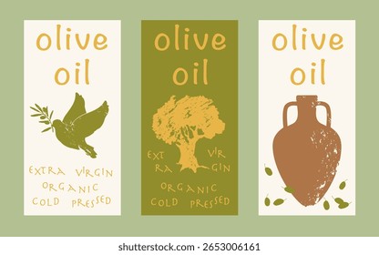 Rótulo do azeite. Oliveira desenhada à mão, pomba com ramo de oliveira, ânfora. Rótulos, marcas e embalagens de produtos biológicos ou artesanais